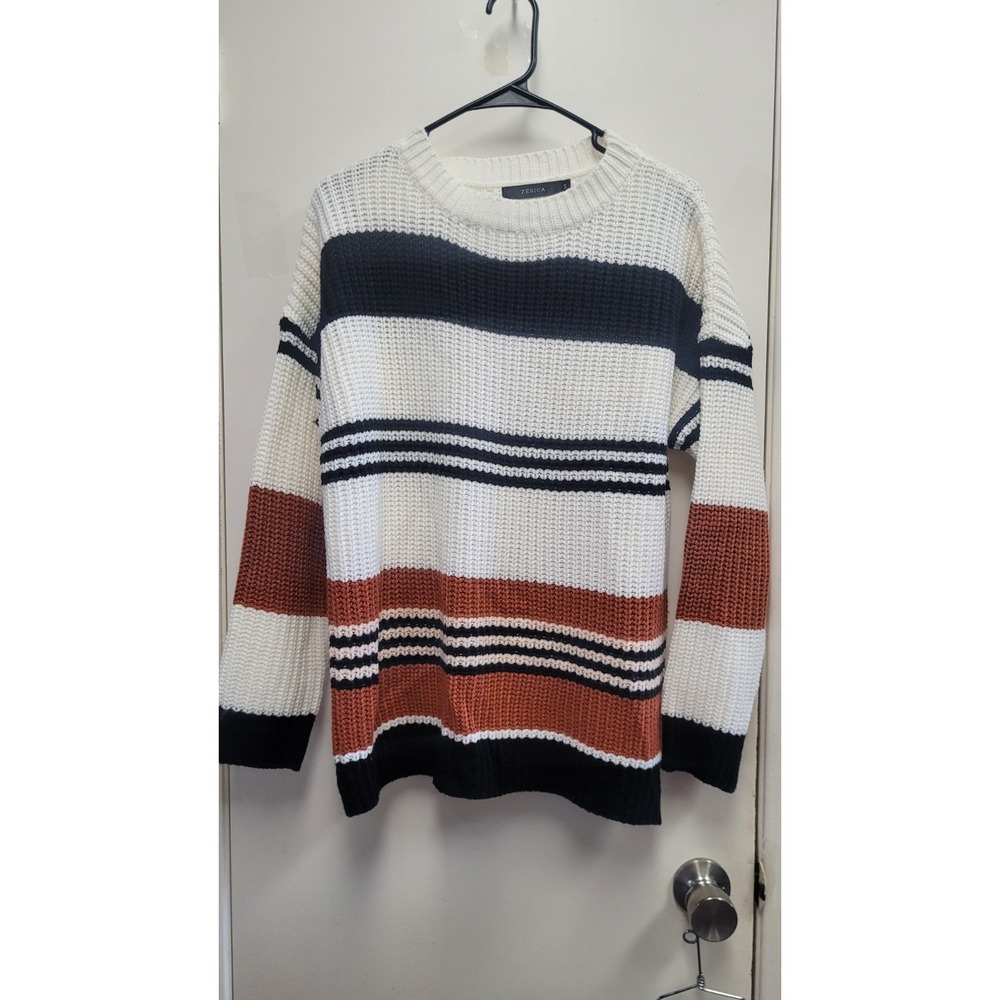 Zesica Sweater Women's Size M Long Sleeve Boat Neck‎ Oversize Striped Loose Knit